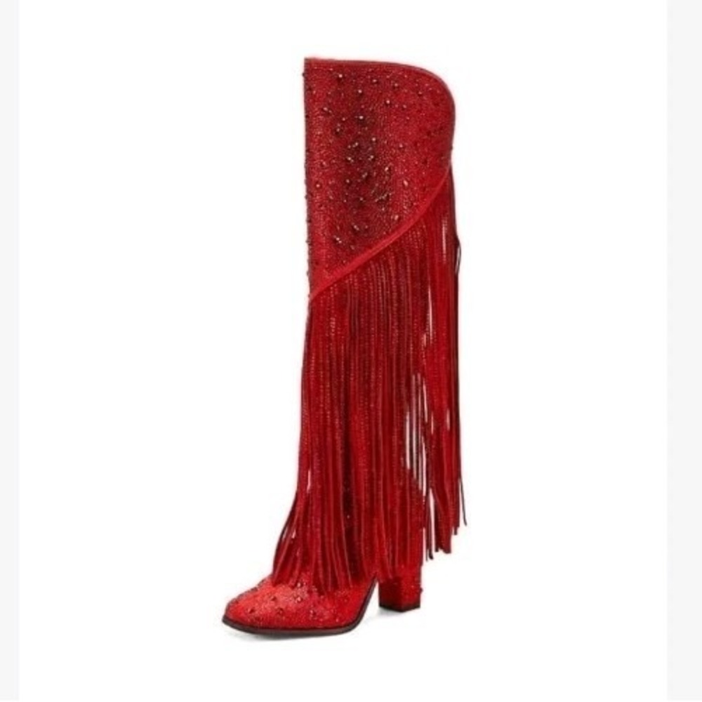 NEW Jessica Simpson Asire Rhinestone Embellished‎ Fringe Boots Sz 6 Red Western